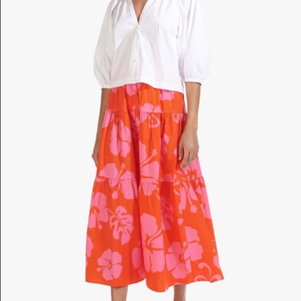 STAUD red hibiscus midi skirt, size 8, good condition!
